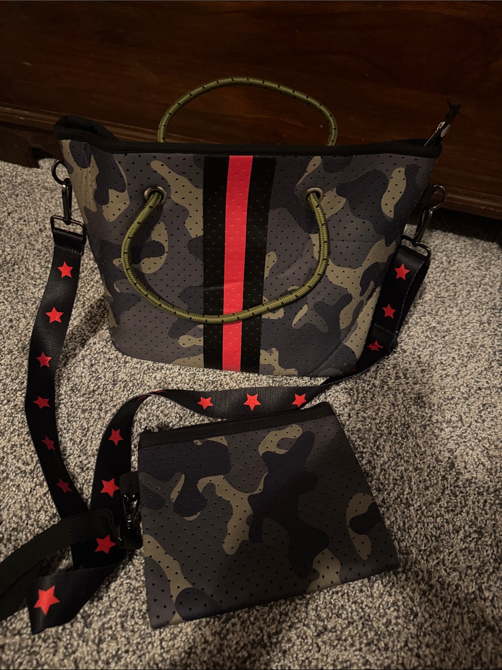 Camo Neoprene Tote With Red Stripe  Star Strap